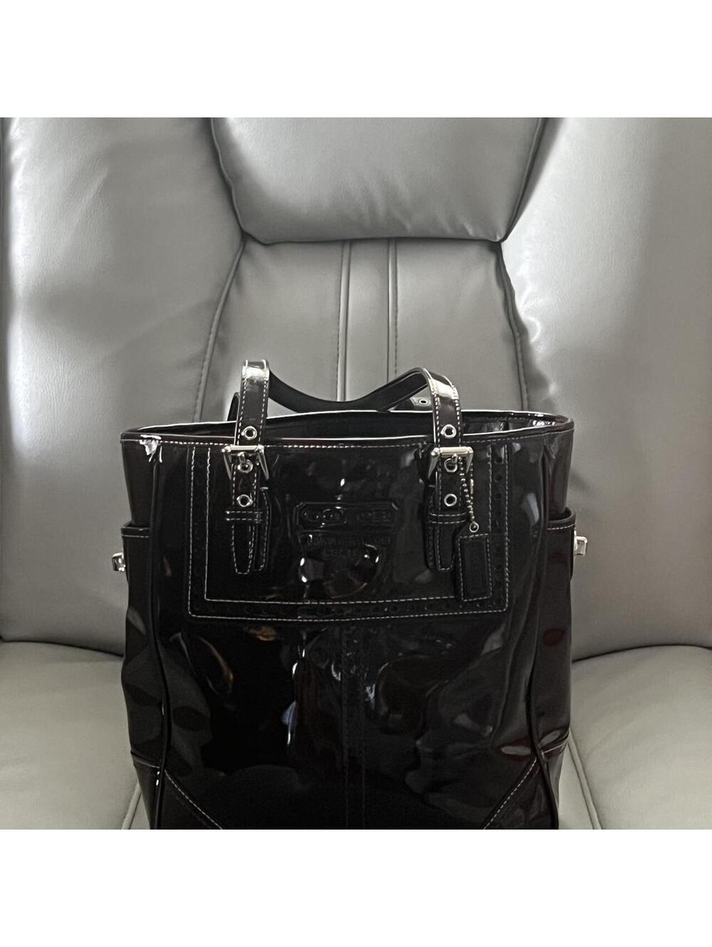 Coach, dark brown pattern, patten leather tote